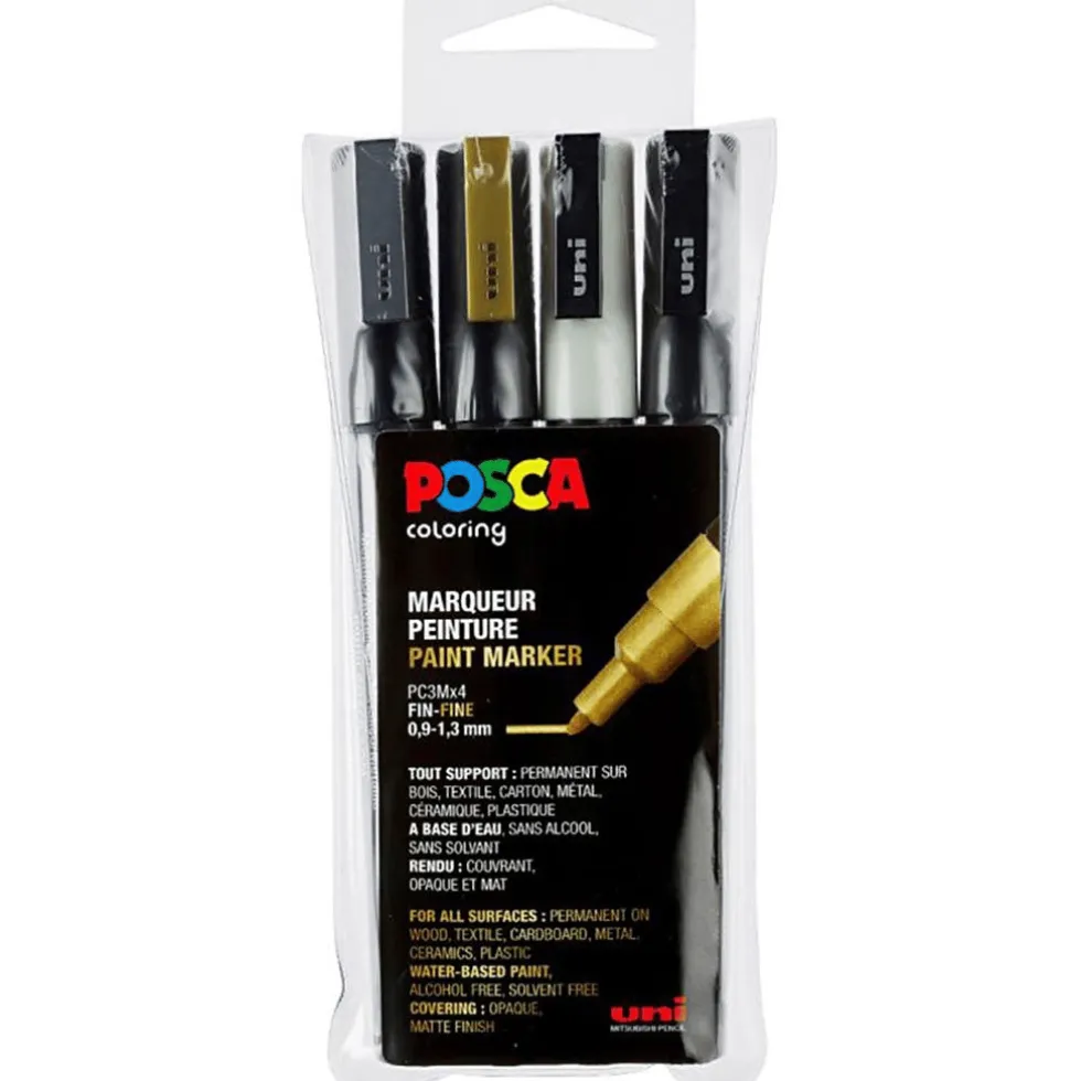 Posca PC-3M -tussit – Must./val./kult./hop., 4 kpl
