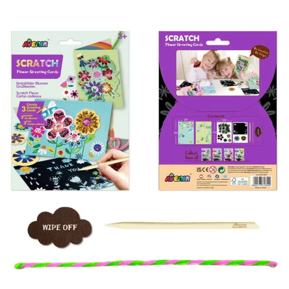 Scratch-onnittelukortit – Kukat, 3 kpl